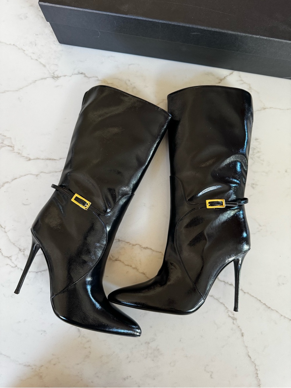 Giuseppe Zanotti Black Patent Stiletto Mid-Calf Boots with Gold Accent